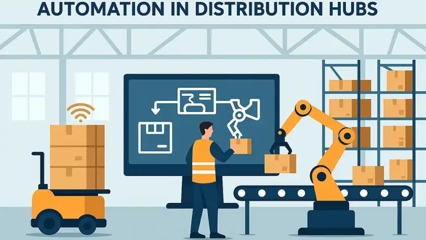 Flat-style digital illustration showcases automation in distribution hubs with robotic arm, AGV, and warehouse control screen