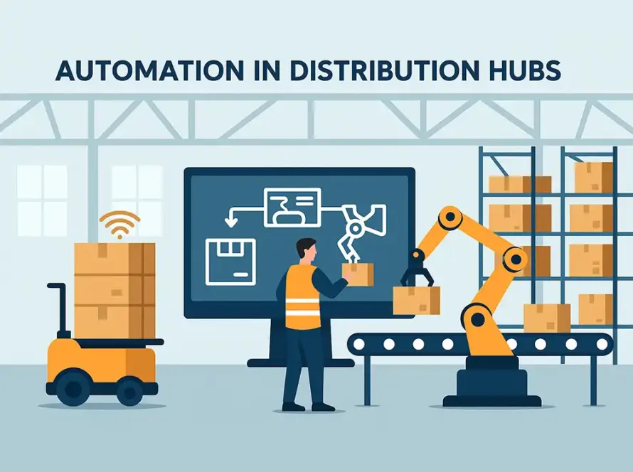 Flat-style digital illustration showcases automation in distribution hubs with robotic arm, AGV, and warehouse control screen