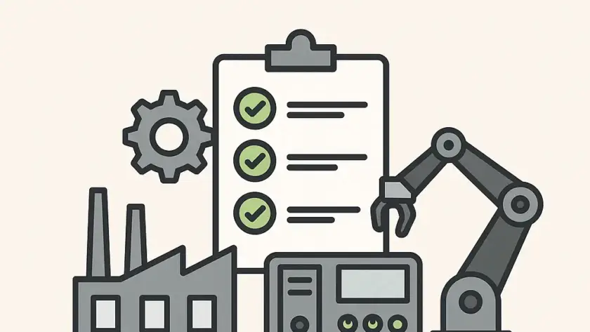 A digital illustration represents the commissioning process in automation projects with a clipboard, PLC, robotic arm, and factory elements.
