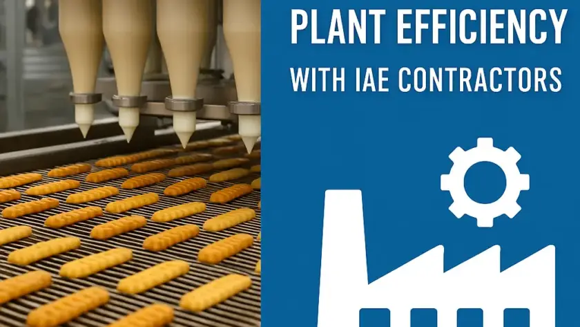Automated food processing line with cookie production beside graphic overlay reading "Food Processing Plant Efficiency with IAE Contractors