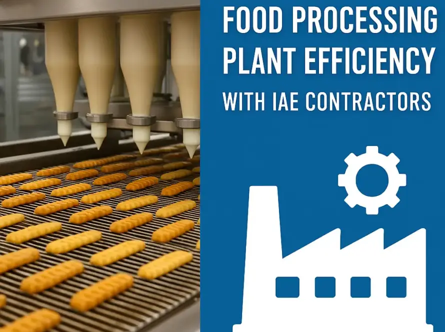 Automated food processing line with cookie production beside graphic overlay reading "Food Processing Plant Efficiency with IAE Contractors