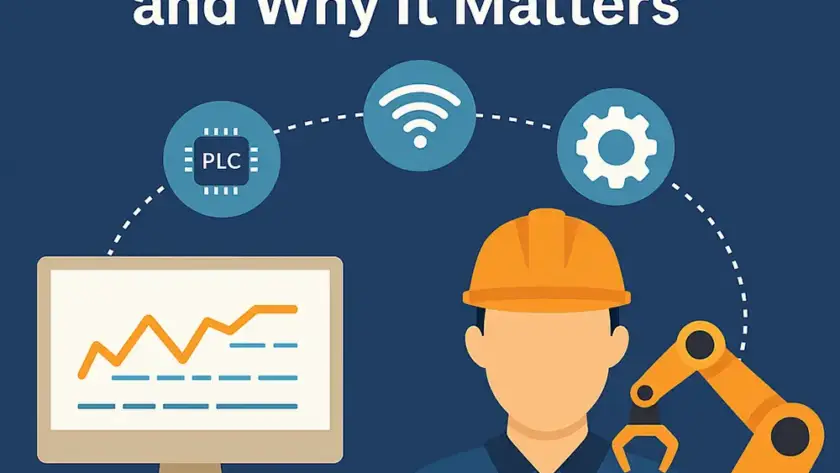Flat-style digital illustration of an industrial automation engineer with robotic arm, PLC, and graph display under title text