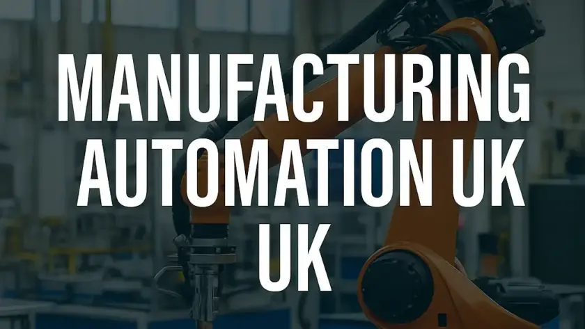 Robotic arm in a UK factory with bold title text “Manufacturing Automation UK”