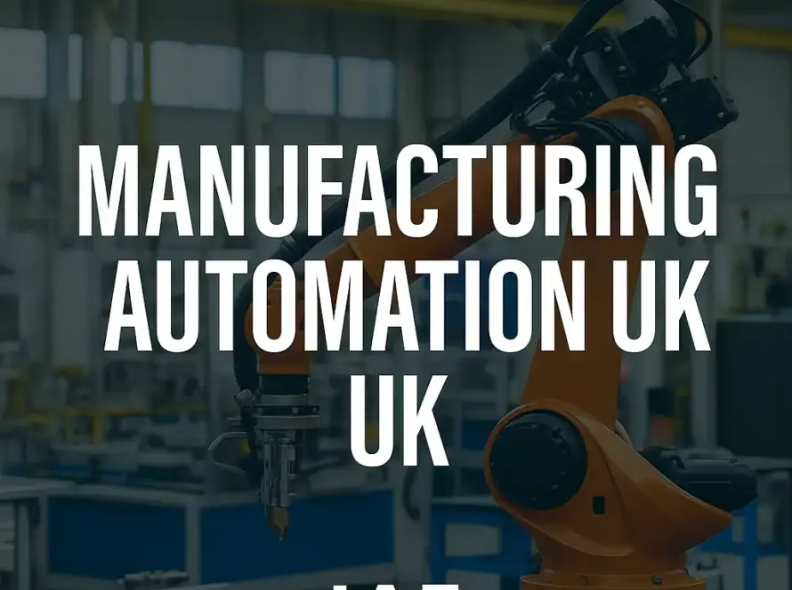Robotic arm in a UK factory with bold title text “Manufacturing Automation UK”