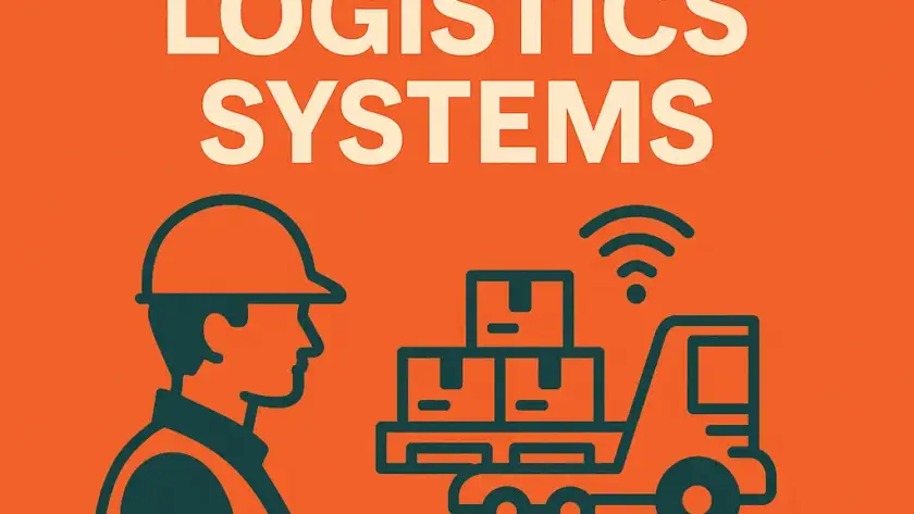 Promotional square graphic for “Automated Logistics Systems” featuring IAE Contractors with a worker and autonomous delivery vehicle on an orange background
