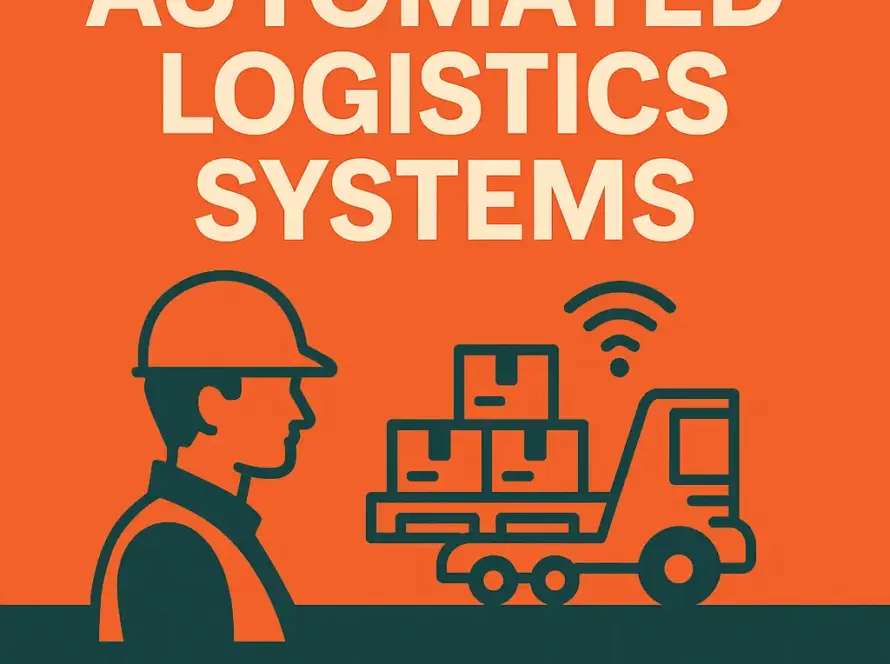 Promotional square graphic for “Automated Logistics Systems” featuring IAE Contractors with a worker and autonomous delivery vehicle on an orange background